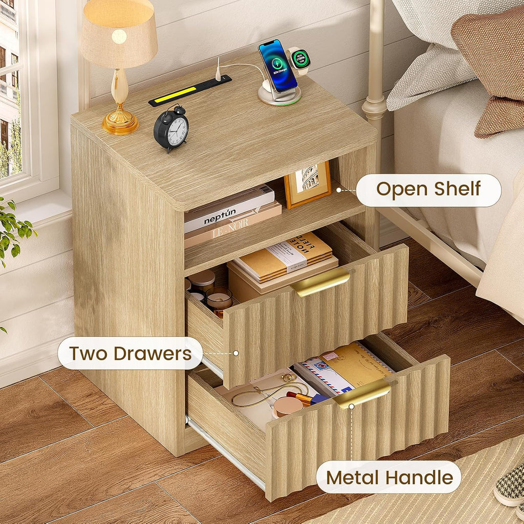 TEENFON Fluted Nightstands Set of 2, Night Stand with Charging Station and LED Light, Storage Drawer and Open Shelf, Modern Bedside Table for Small Space, for Bedroom, Natural
