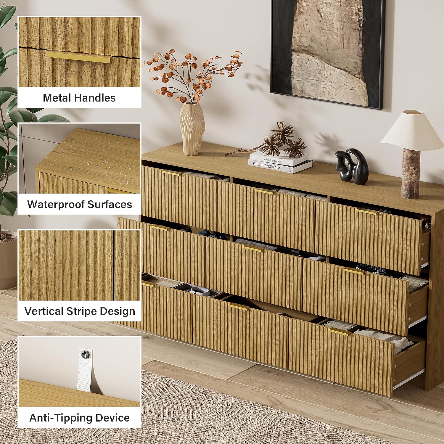 Furniway Mid Century Modern Dresser for Bedroom, 9 Drawer Wood Dresser with Fluted Front and Smooth Slides, 63' Wide Chest of Drawers, Natural Oak