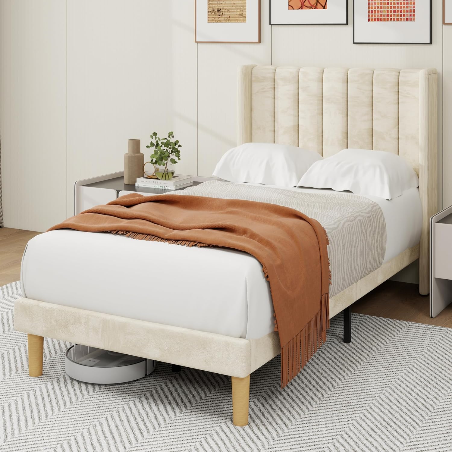 alazyhome Platform Bed Frame Twin Size with Upholstered Headboard, Solid Wood Slats Support, No Box Spring Needed, Noise Free, Easy Assembly, Modern Velvet Bed, Beige