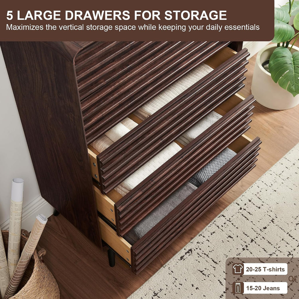 RedLemon 5 Drawers Dresser for Bedroom, 48'' Tall Mid Century Modern Wood Fluted Dresser, Chest of Drawers with Tapered Leg for Bedroom, Living Room, Hallway, Closet, Dark Walnut
