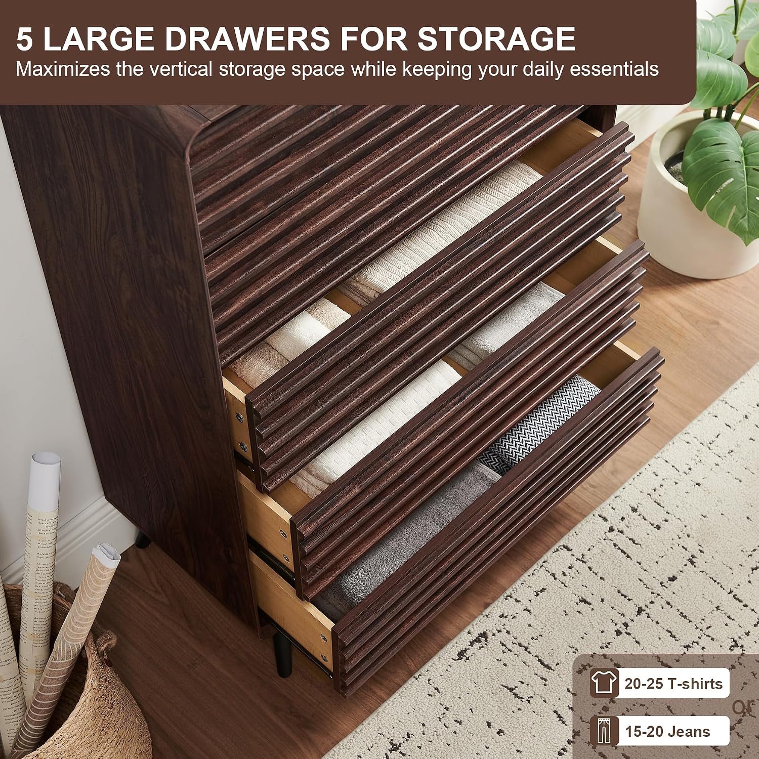 RedLemon 5 Drawers Dresser for Bedroom, 48'' Tall Mid Century Modern Wood Fluted Dresser, Chest of Drawers with Tapered Leg for Bedroom, Living Room, Hallway, Closet, Dark Walnut