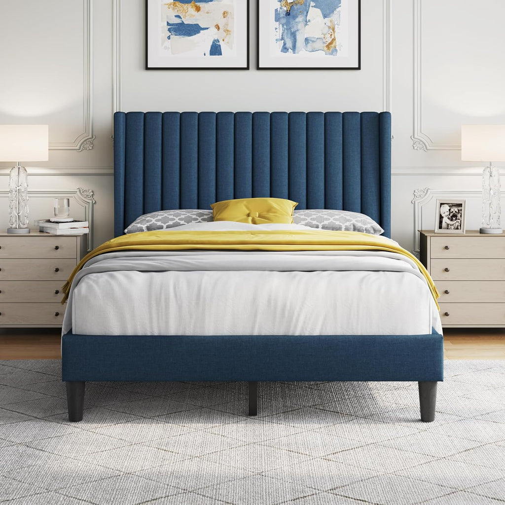 Yaheetech Full Size Bed Frame, Upholstered Platform Bed with Wing Edge Headboard, Square Tufted Fabric/Mattress Foundation/Wooden Slats Support/No Box Spring Needed/Easy Assembly/Navy Blue