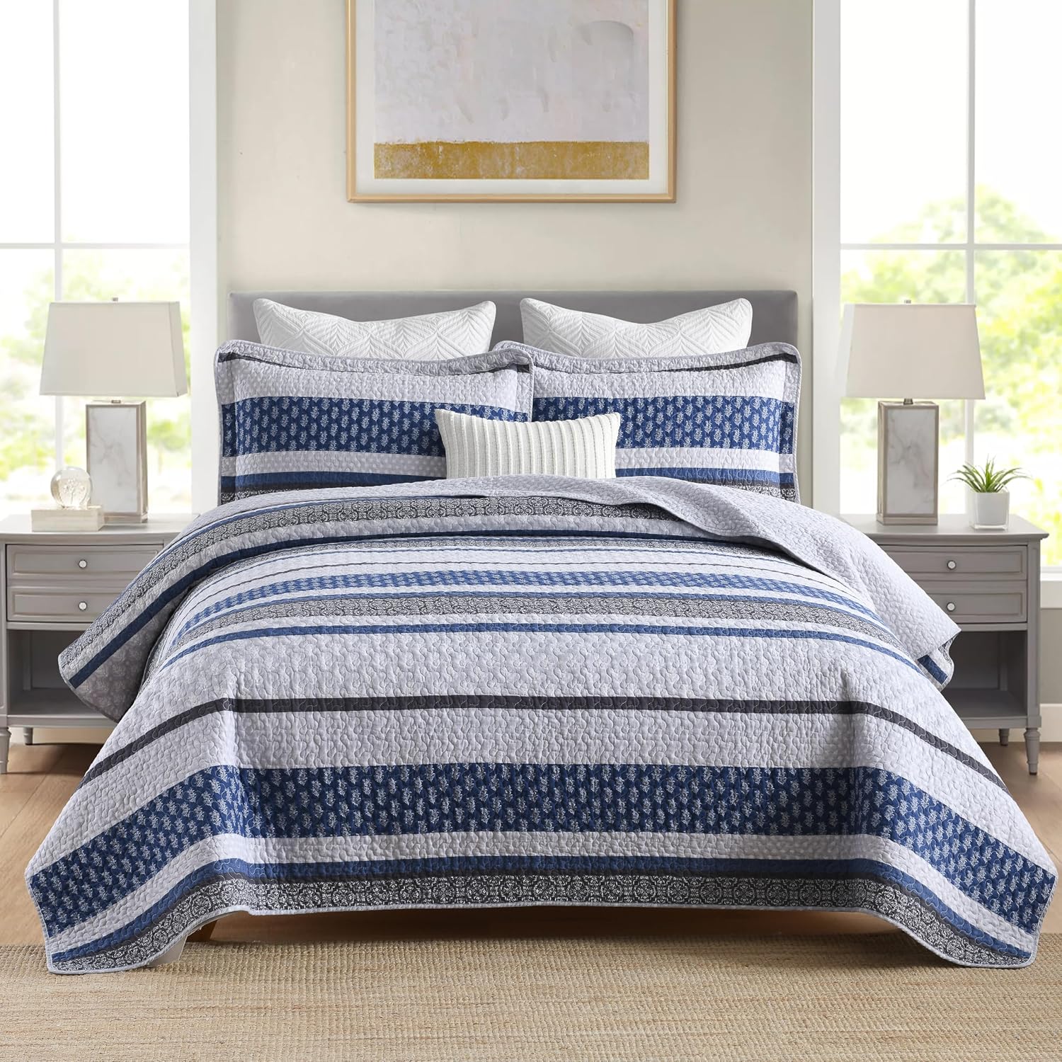 Homzard 100% Cotton Quilt Set,California King 118'' x 106'' Oversized Bedspread Set with 2 Pillow Shams, Blue Gray Lightweight Comforter Set Striped Floral Bedding Sets, 3 Piece King Bed Set | Breathable Bedding