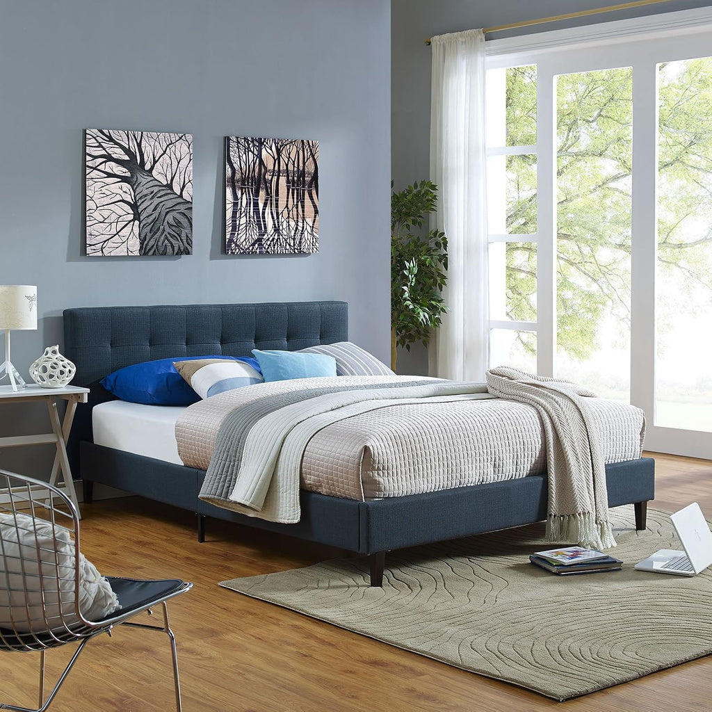 Modway Linnea Upholstered Azure Queen Platform Bed with Wood Slat Support