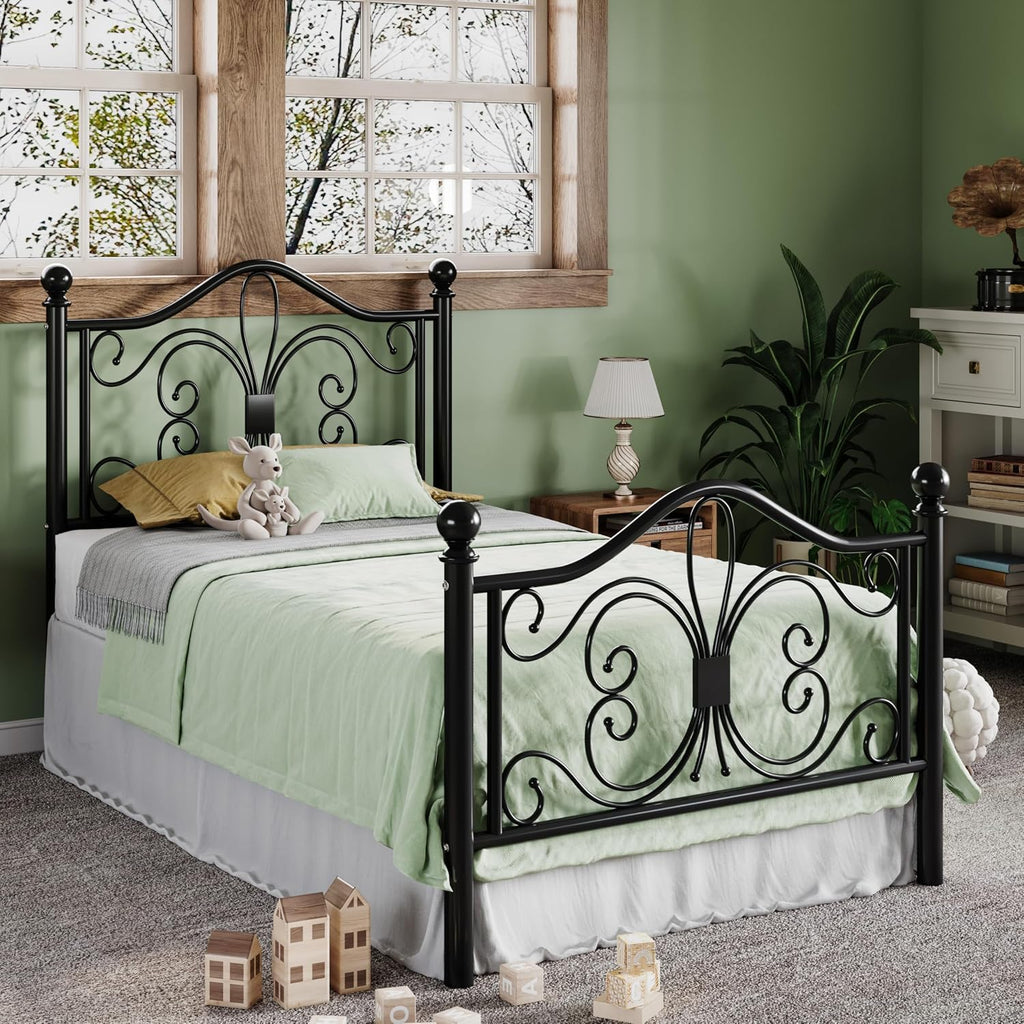 Allewie Twin Size Bed Frame for Kids,Metal Bed Frame with Butterfly Pattern Design Headboard and Footboard,No Box Spring Needed,Easy Assembly,Black