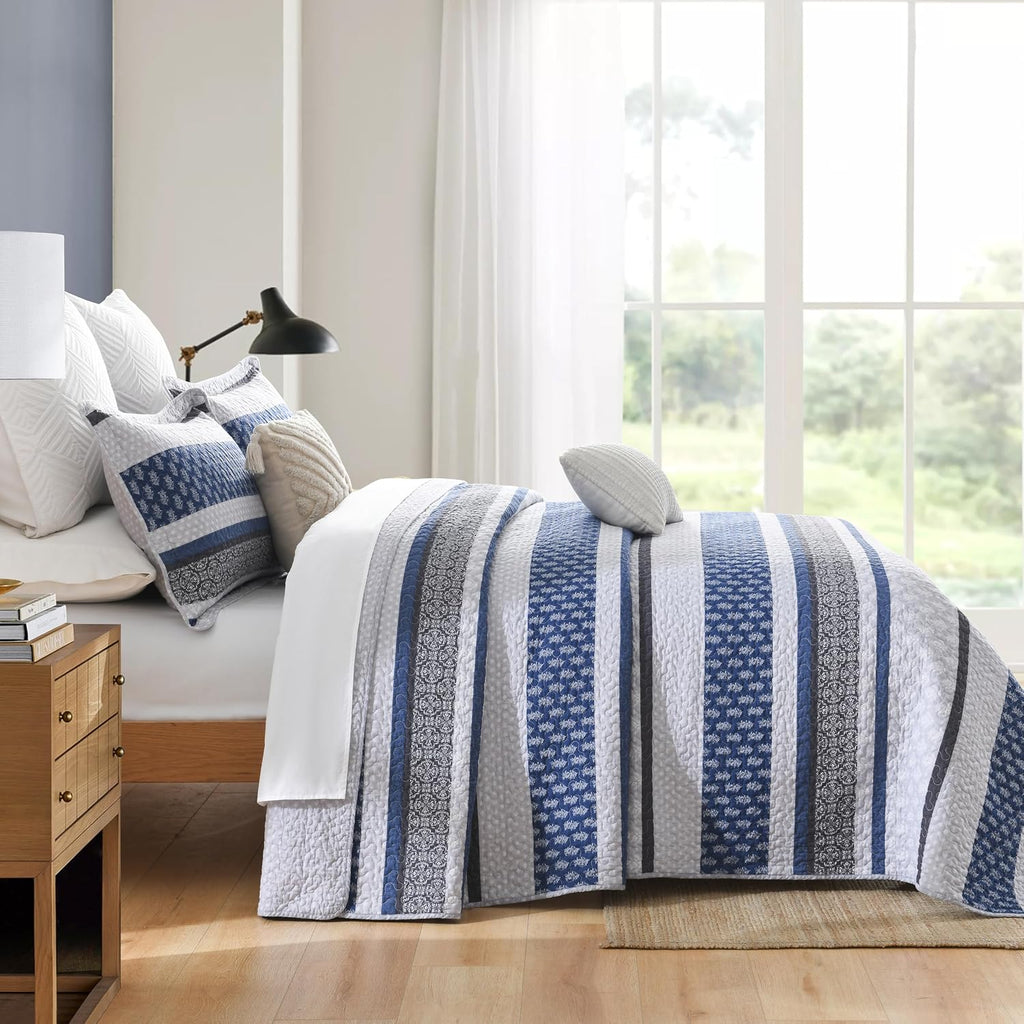 Homzard Quilt Bedding Set King Size,100% Cotton King Size Comforter Set,Gray Blue Quilts Bedspread for The Bed, Striped Farmhouse Lightweight Bedding (106 * 98 Inch) and 2 Pillow Shams All Season