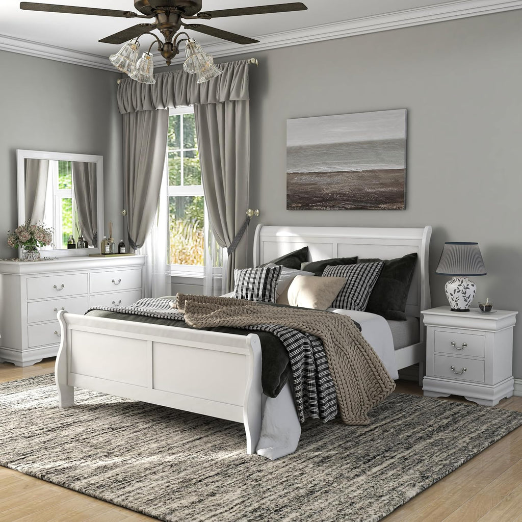 Furniture of America Louis Philippe Traditional Wood King Bed Frame with Headboard and Footboard, Elegant Sleigh Design Bedframe for Bedroom, Guest Room, Easy Assembly, Box Spring Required, White