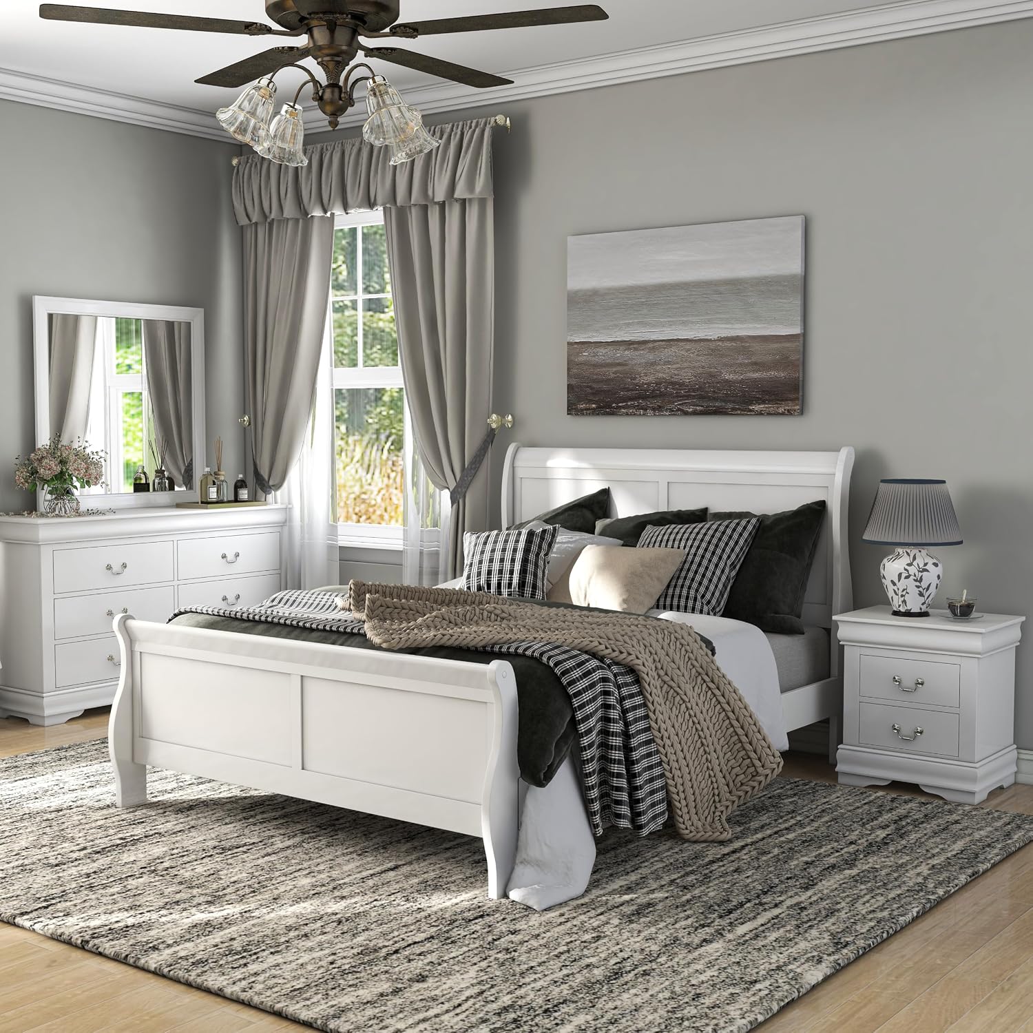 Furniture of America Louis Philippe Traditional Wood King Bed Frame with Headboard and Footboard, Elegant Sleigh Design Bedframe for Bedroom, Guest Room, Easy Assembly, Box Spring Required, White
