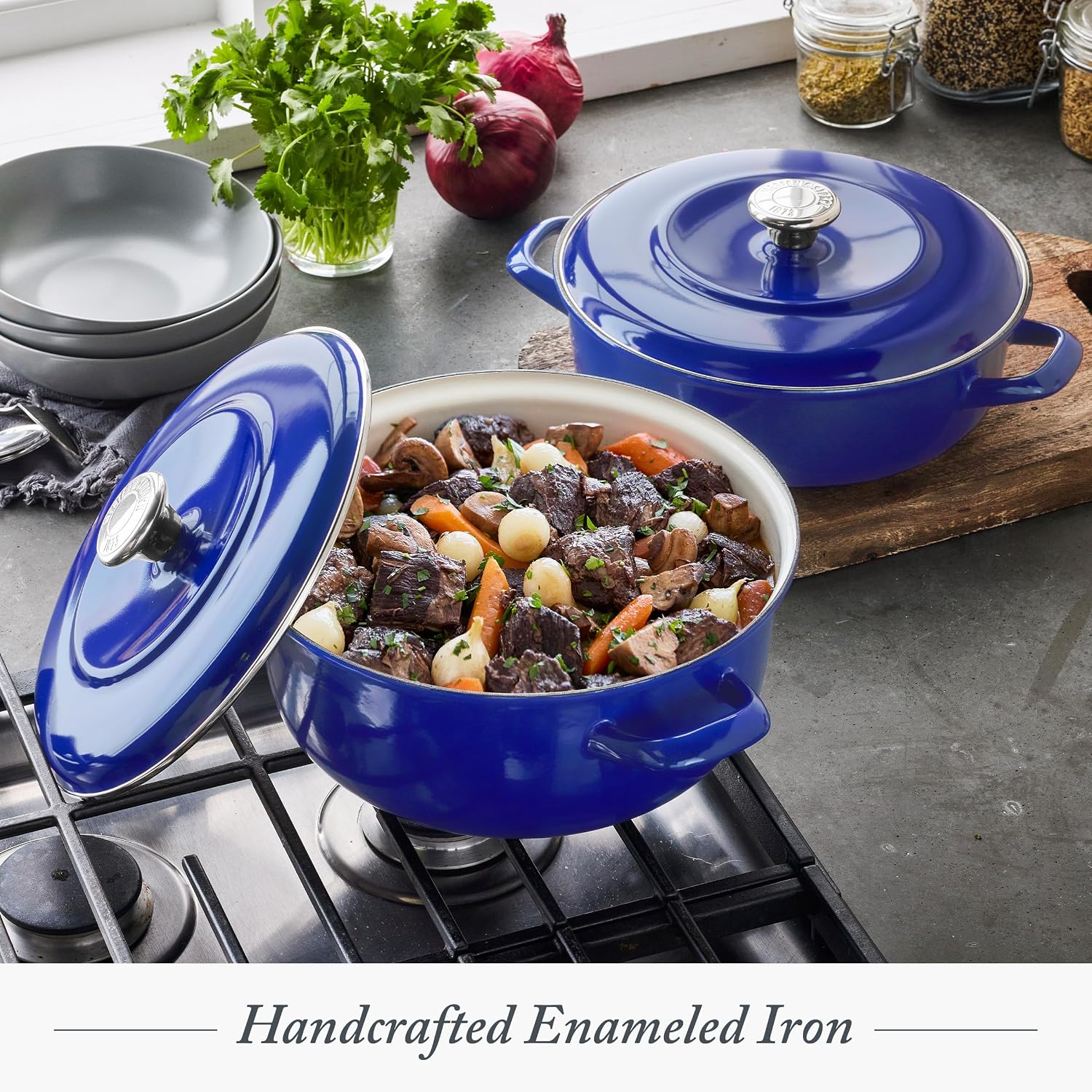Merten & Storck 3.7QT & 5.5QT Dutch Ovens with Lids, 4 Piece Cookware Set, European Crafted Enameled Iron Stockpot, Induction & All Cooktops, Braising, Stews, Roasting, Slow Cooking, Sourdough, Cobalt Blue