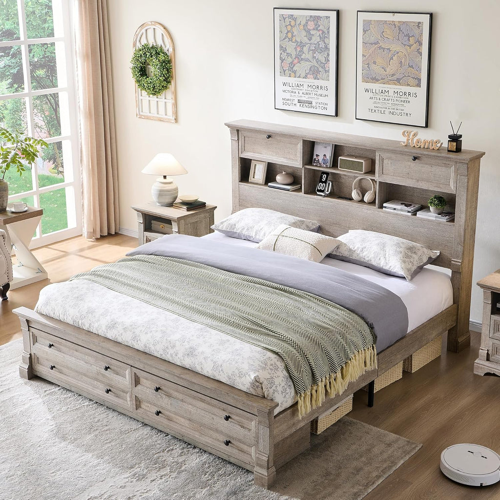 T4TREAM Farmhouse Queen Size Bed Frame with 54' Tall Storage Bookcase Headboard, Wood Platform Bed Frame with 18' Roman Column Decoration Footboard & 2 Drawers, No Box Spring Needed(Light Rustic Oak)
