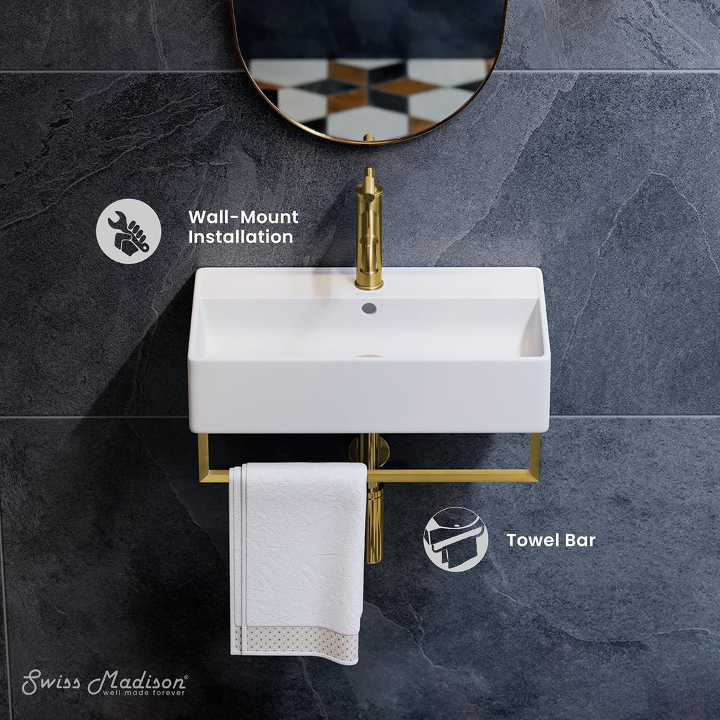 Claire 22' Wall-Mount Bathroom Sink with Brushed Gold Towel Bar