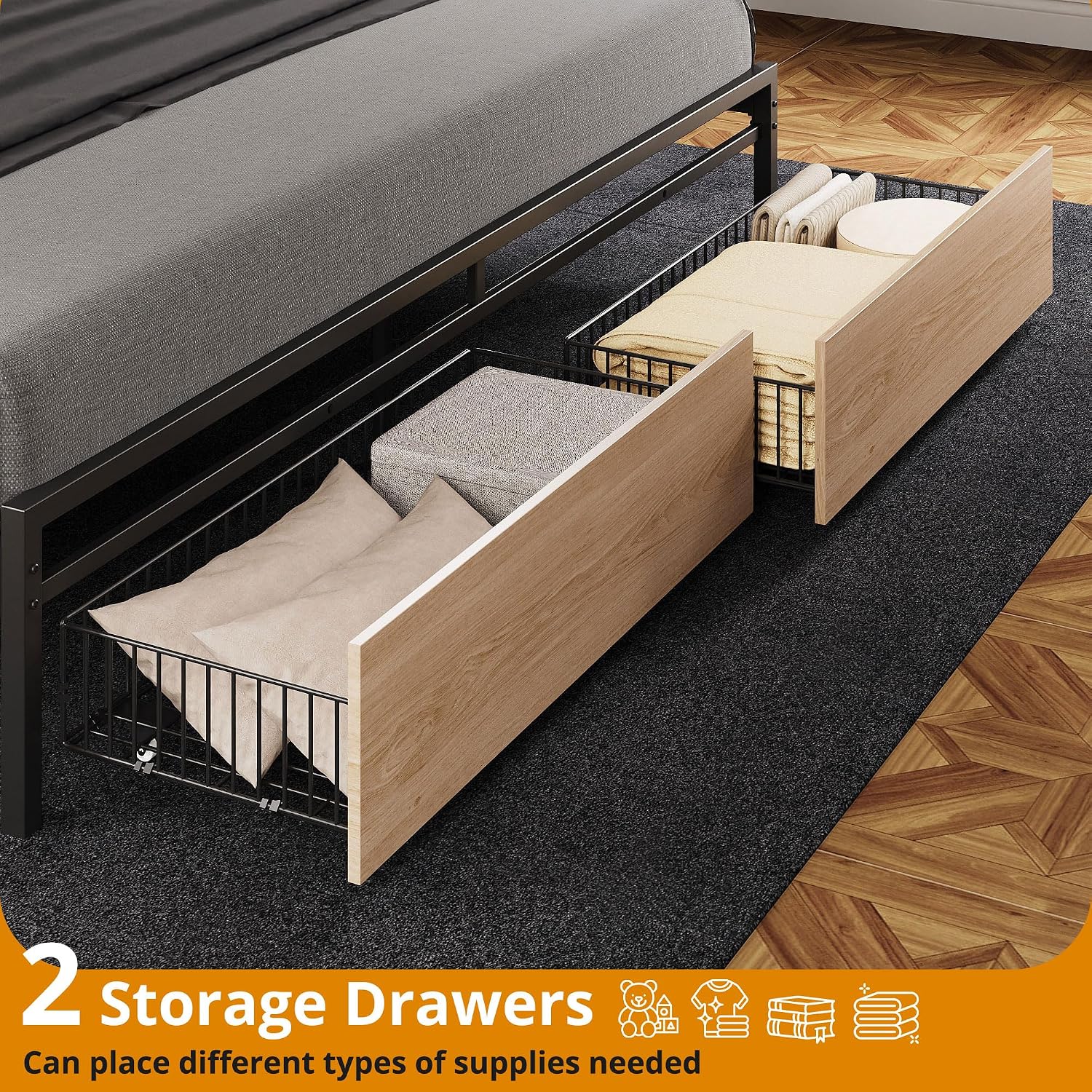 LIKIMIO California King Size Bed Frame, Storage Headboard with Charging Station, Platform Bed with Drawers, No Box Spring Needed, Easy Assembly, Wood and Cream
