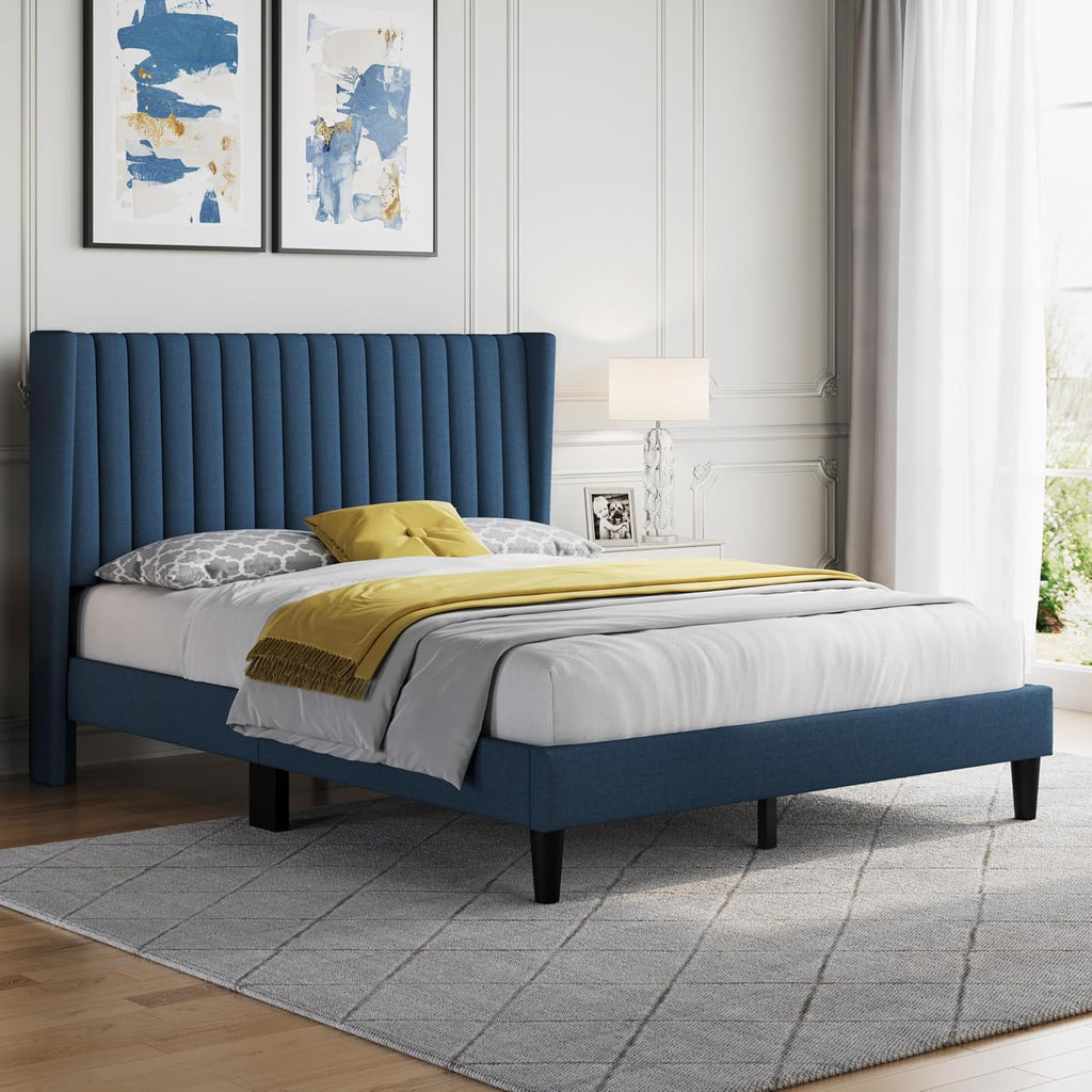 Yaheetech Queen Bed Frame Upholstered Platform Bed with Fabric Headboard, Wing Edge Design/Non-Slip and Noise-Free/Wooden Slats Support/No Box Spring Needed/Easy Assembly, Navy Blue Queen Bed