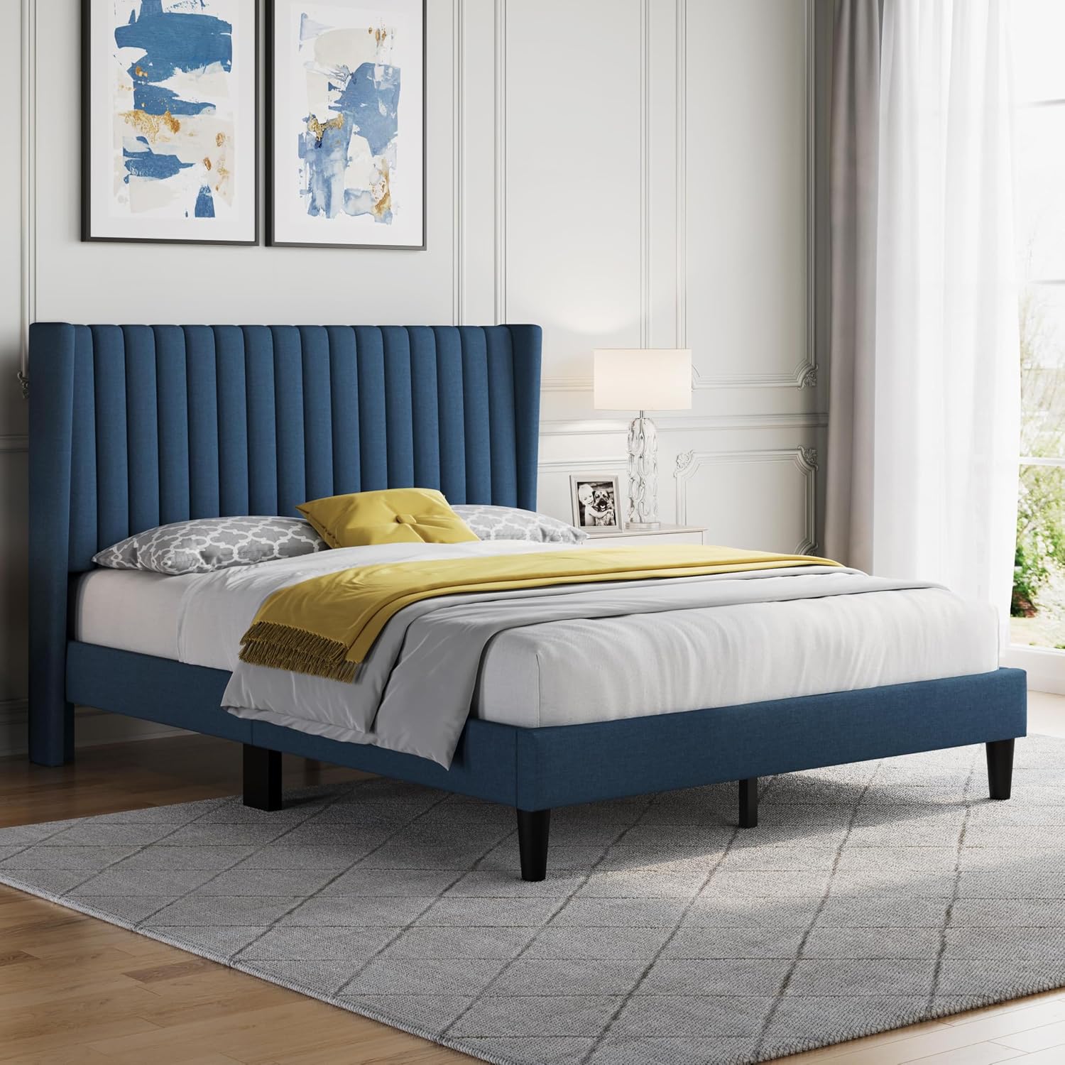Yaheetech Queen Bed Frame Upholstered Platform Bed with Fabric Headboard, Wing Edge Design/Non-Slip and Noise-Free/Wooden Slats Support/No Box Spring Needed/Easy Assembly, Navy Blue Queen Bed