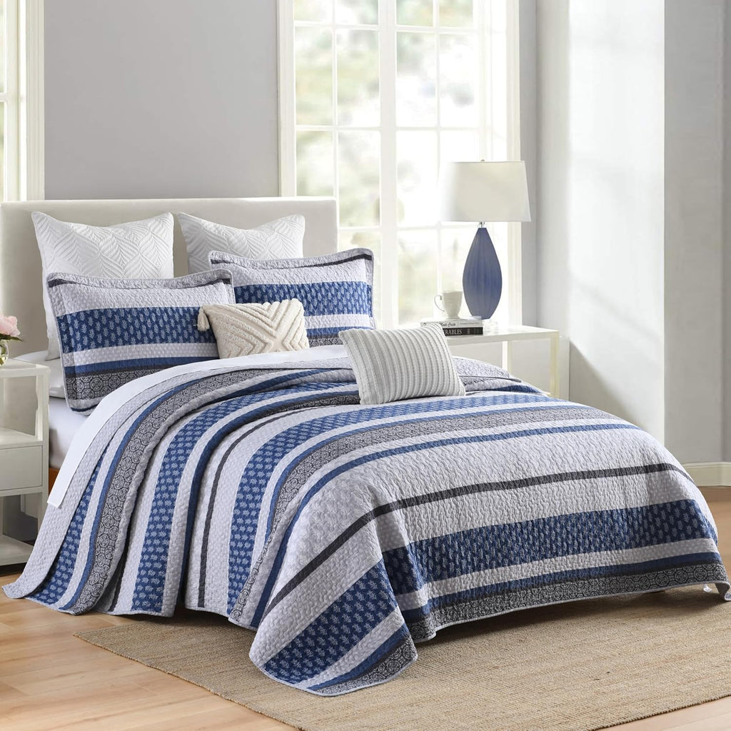 Homzard 100% Cotton Quilt Set,California King 118'' x 106'' Oversized Bedspread Set with 2 Pillow Shams, Blue Gray Lightweight Comforter Set Striped Floral Bedding Sets, 3 Piece King Bed Set | Breathable Bedding