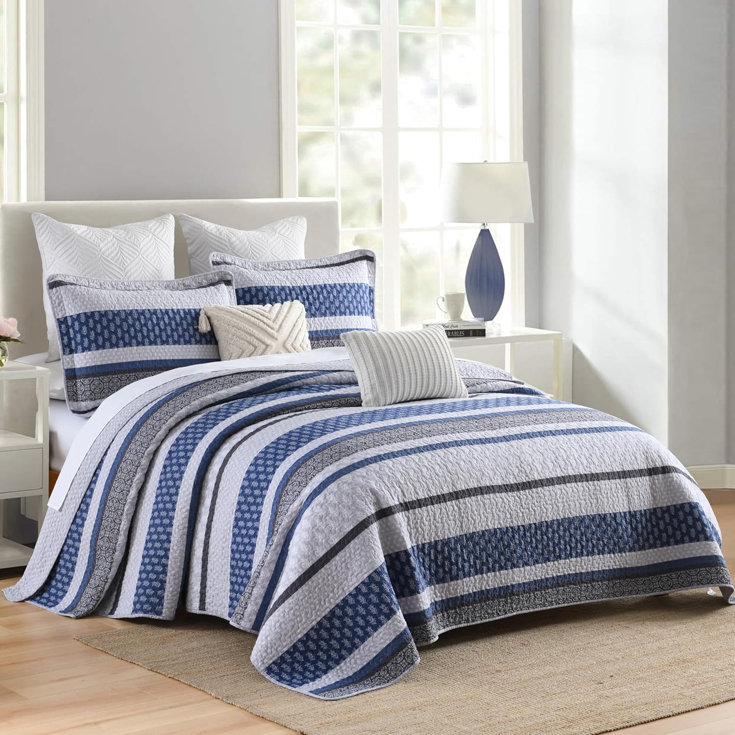 Homzard 100% Cotton Quilt Set,California King 118'' x 106'' Oversized Bedspread Set with 2 Pillow Shams, Blue Gray Lightweight Comforter Set Striped Floral Bedding Sets, 3 Piece King Bed Set | Breathable Bedding
