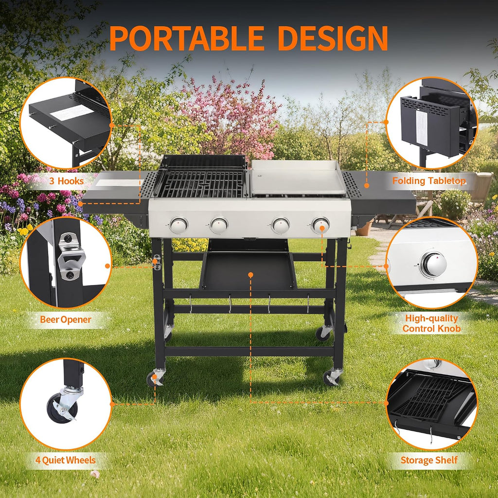 Propane Gas Griddle Grill Combo, 2-in-1 BBQ with Flat Top & Cast Iron Grate, 4 Burner Outdoor Cooking Station with Folding Shelf & Wheels, Stainless Steel Cart for Backyard Patio