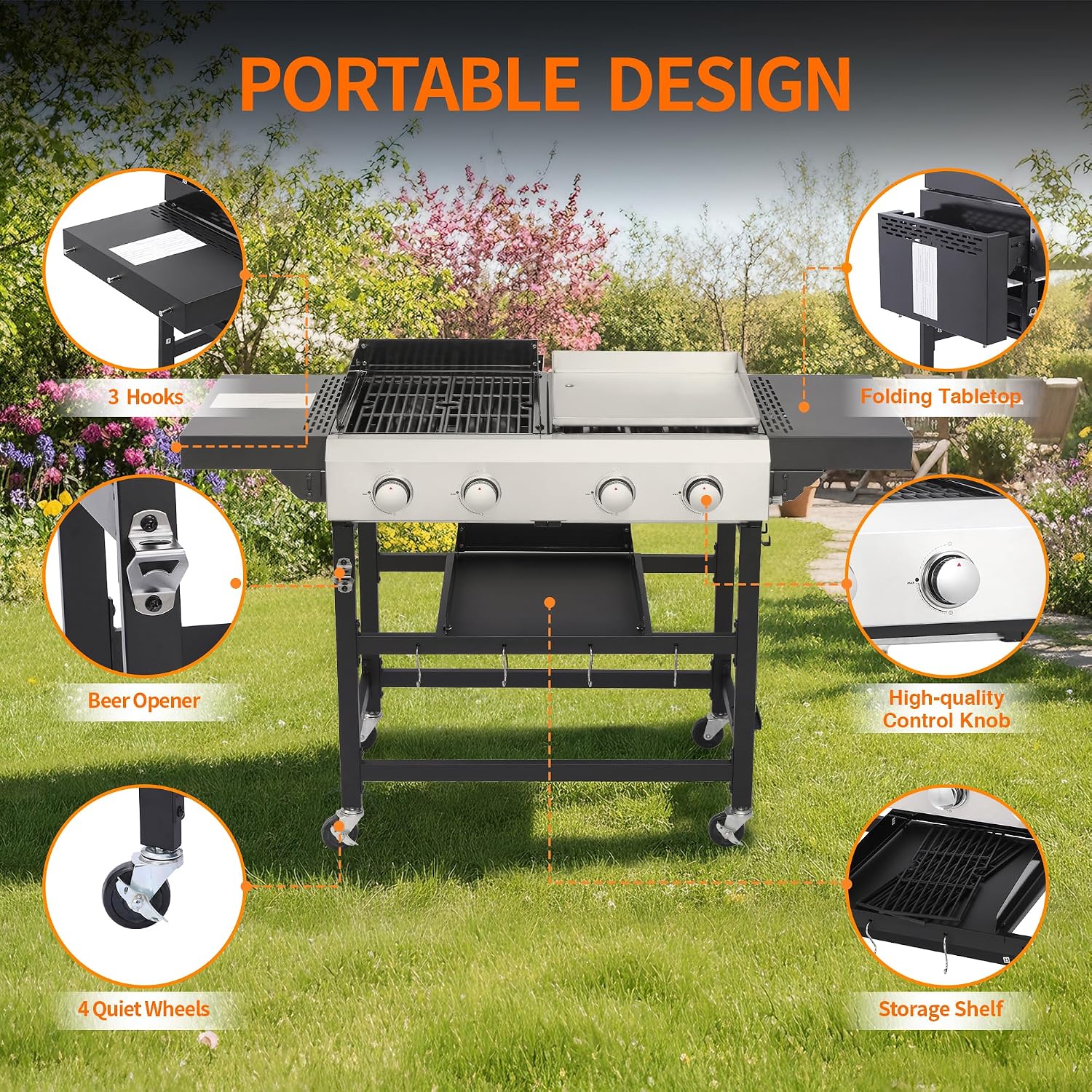 Propane Gas Griddle Grill Combo, 2-in-1 BBQ with Flat Top & Cast Iron Grate, 4 Burner Outdoor Cooking Station with Folding Shelf & Wheels, Stainless Steel Cart for Backyard Patio