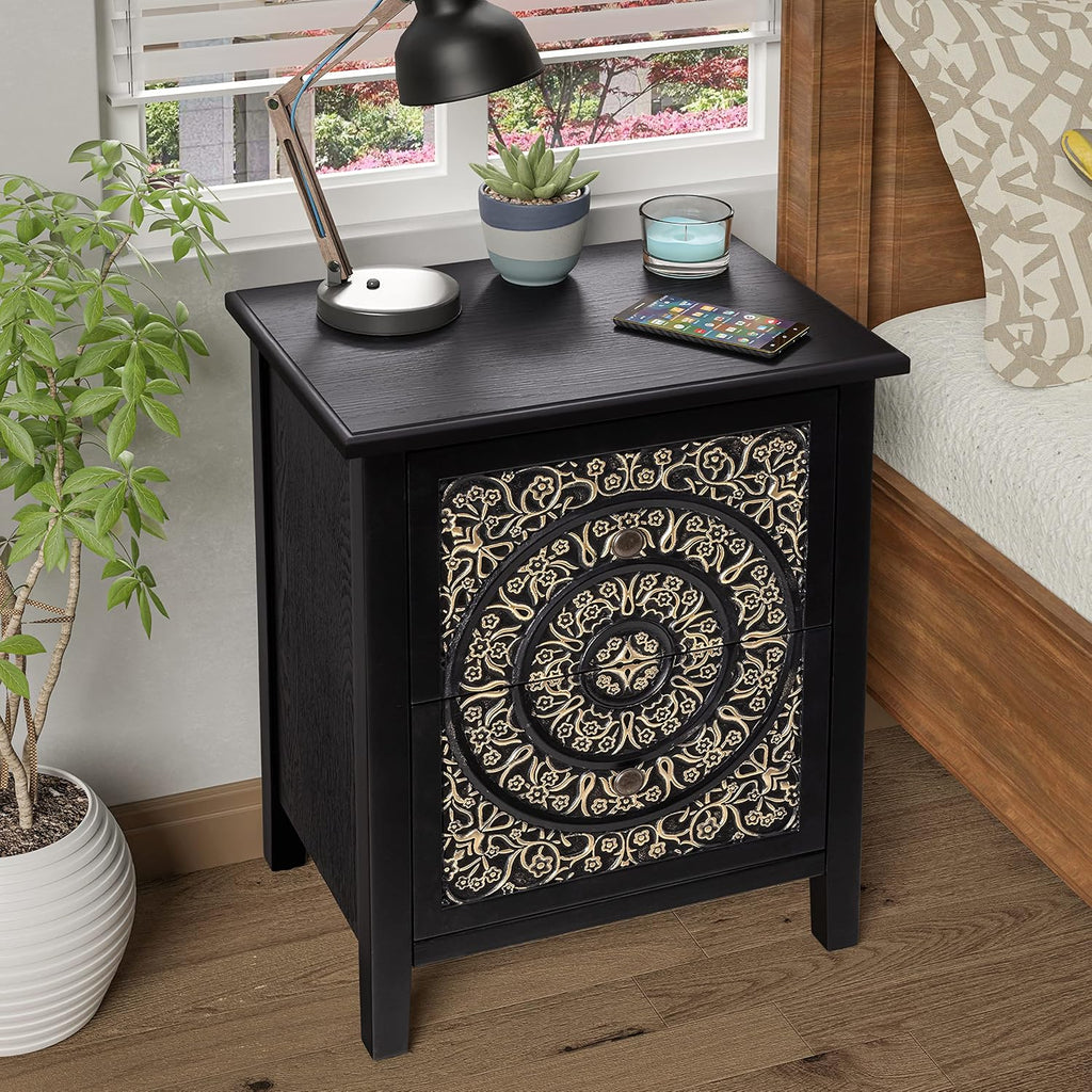 COZAYH Set of 2 2-Drawer Fully-Assembled Flower Motif Nightstand for Small Spaces, French Country, Modern, Distressed Finish,Gold & Black