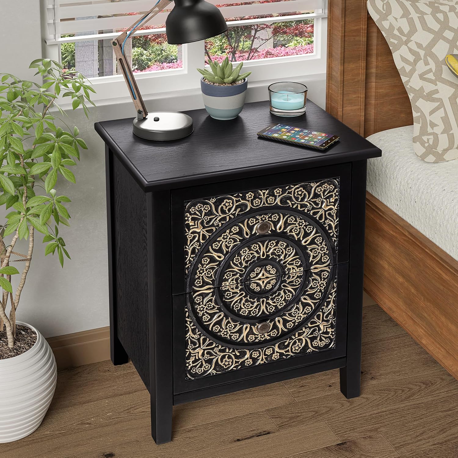COZAYH Set of 2 2-Drawer Fully-Assembled Flower Motif Nightstand for Small Spaces, French Country, Modern, Distressed Finish,Gold & Black