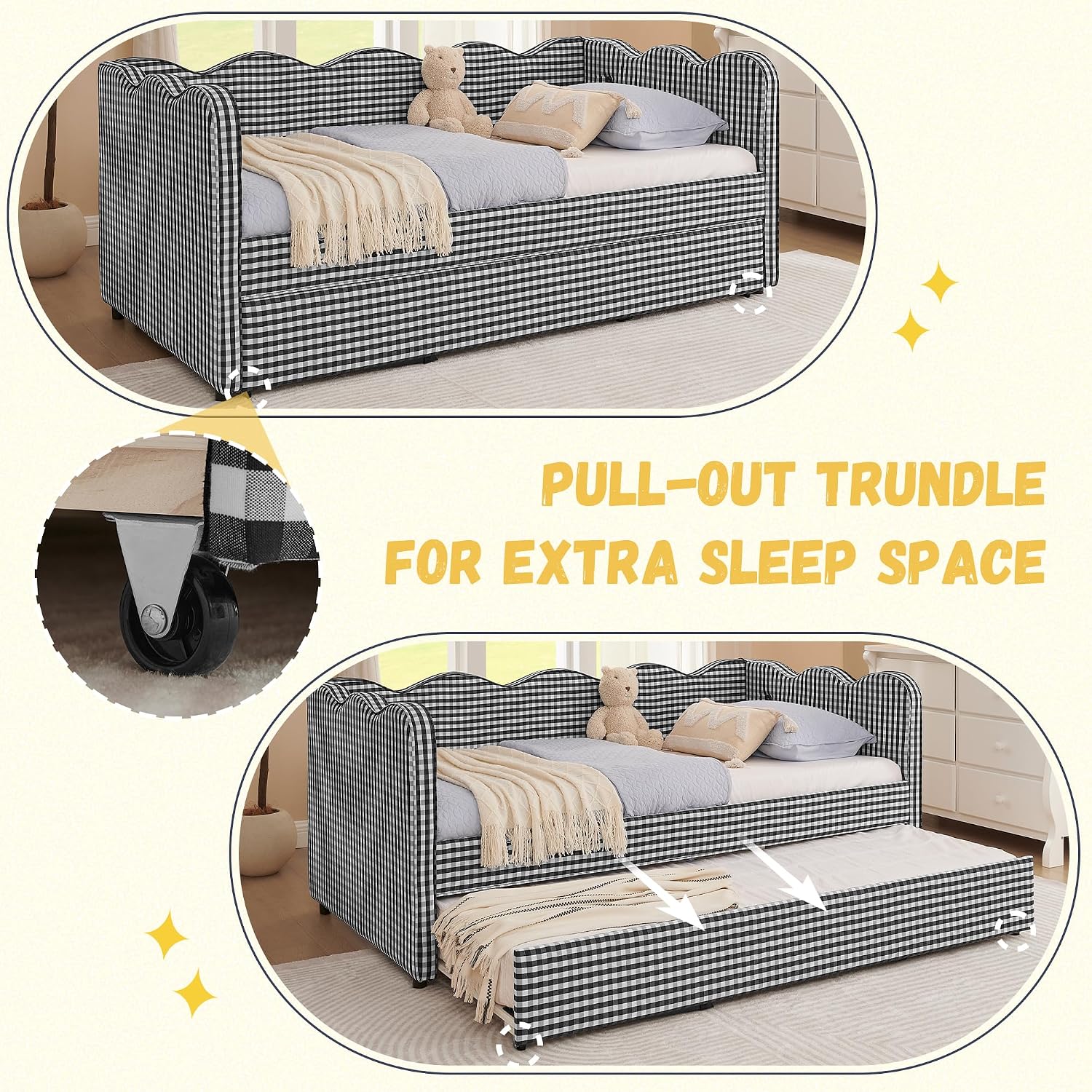 DEINPPA Twin Size Upholstered Daybed with Trundle, Gingham Daybed with USB Ports for Bedroom Living Room Guest Room-Black