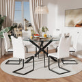 RGZ Round Glass Dining Table Set for 6, 7 Pcs Modern Luxury Circle Kitchen Table Set, 47'' Clear Grey Circular Dinner Table with White PU Faux Leather Chairs Set, for Home Large Apartment (Black)