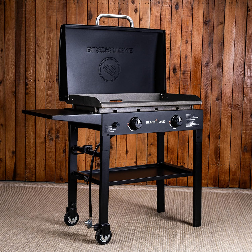 Blackstone Flat Top Gas Grill Griddle 2 Burner Propane Fuelled Rear Grease Management System with hood, Hood, Powder Coated Black, 1517