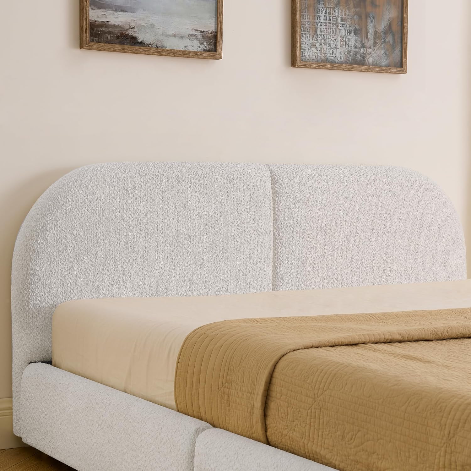 Queen Size Floor Bed Frame with 4 Wheeled Storage Drawer and Tall Curved Headboard, Modern Minimalist Style Upholstered Platform Bed Frame, Wooden Slats Support, Easy Assembly, Beige