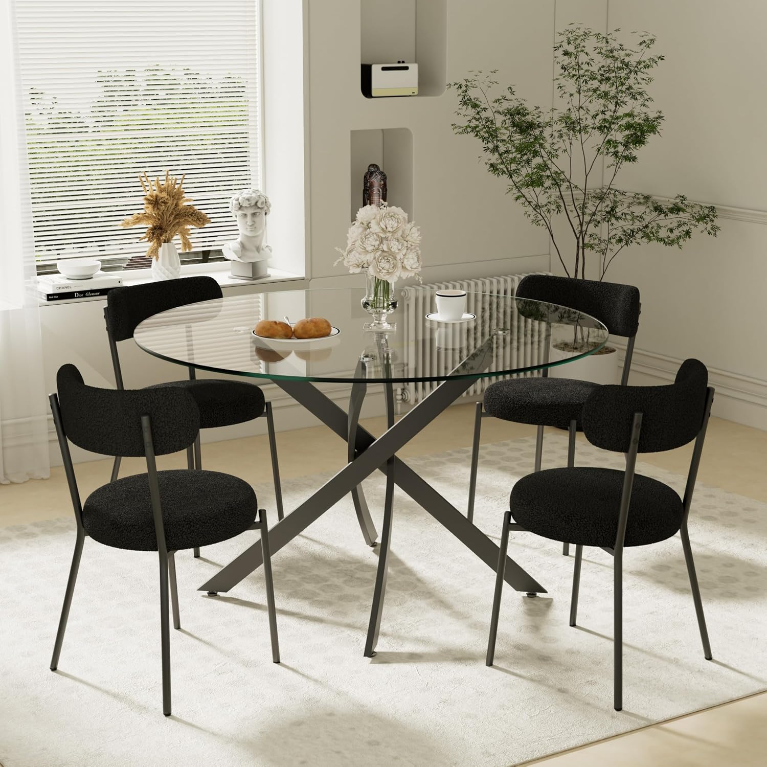 RGZ Black Round Glass Dining Table Set for 4, 5 Pcs Modern Luxury Circle Kitchen Table Set, 42'' Clear Minimalist Circular Dinner Table with Black Boucle Chairs Set, for Leisure Small Apartment
