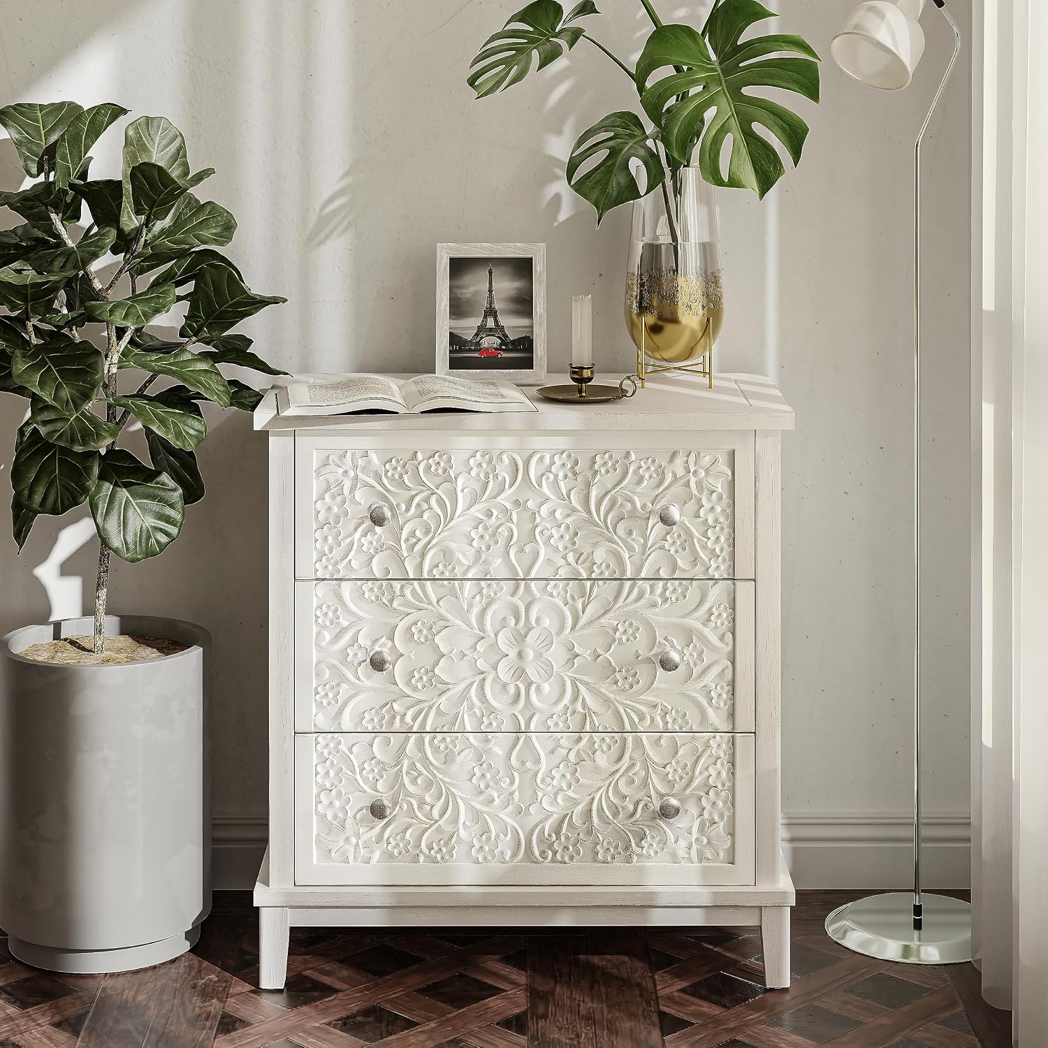 COZAYH 3-Drawer Fully-Assembled Flower Motif Dresser, Set of 2 Nightstand for French Country, Farmhouse, Modern, Rustic Style, Distressed Finish, White-Washed
