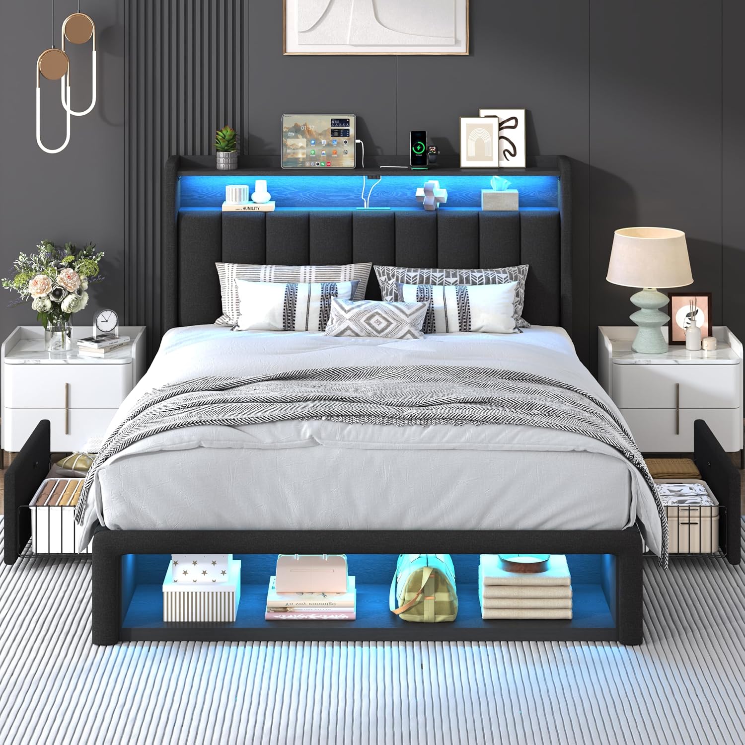 ChicZhiNest Full Size Bed Frame with 2 Storage Drawers, LED Headboard with Charging Station, Upholstered Bed Frame Full with Wooden Slats & Footboard Cubbies, No Box Spring Needed, Black