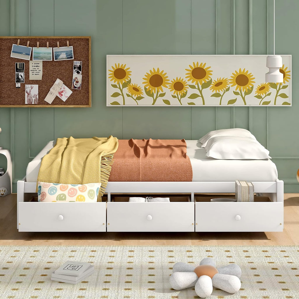 SOFTSEA Twin Size Daybed with 6 Storage Drawers, Wood Twin Platform Bed Frame with Storage and Wood Slat Support, No Box Spring Needed, (White)