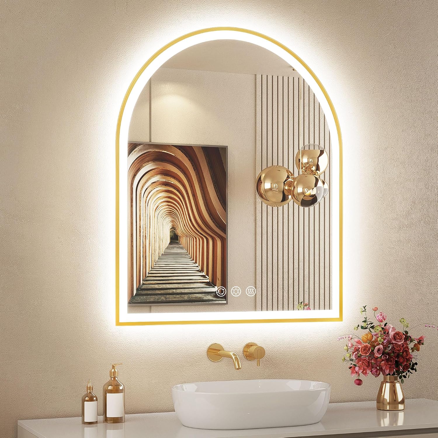 Arched LED Mirror for Bathroom 24'x30', Brushed Gold Lighted Bathroom Mirror with Lights, Fogless, Dimmable, Shatterproof, Touch Sensor, 3 Color Changing