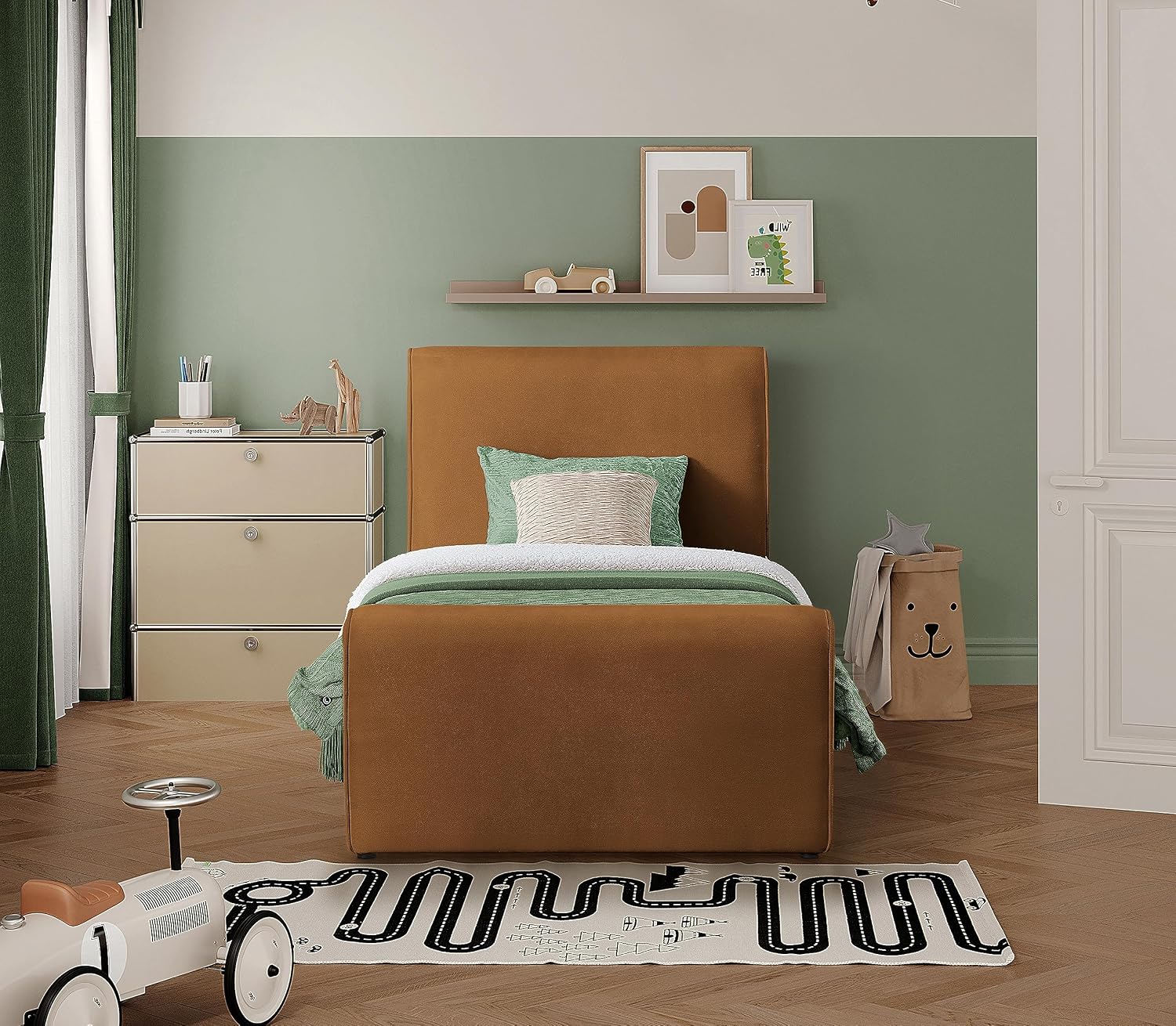 Meridian Furniture SloanSaddle-T Sloan Collection Modern | Contemporary Velvet Upholstered Twin Bed with Rich Soft Saddle Velvet, Curved Headboard and Footboard, 44.5' W x 92' D x 45' H, Saddle, Twin