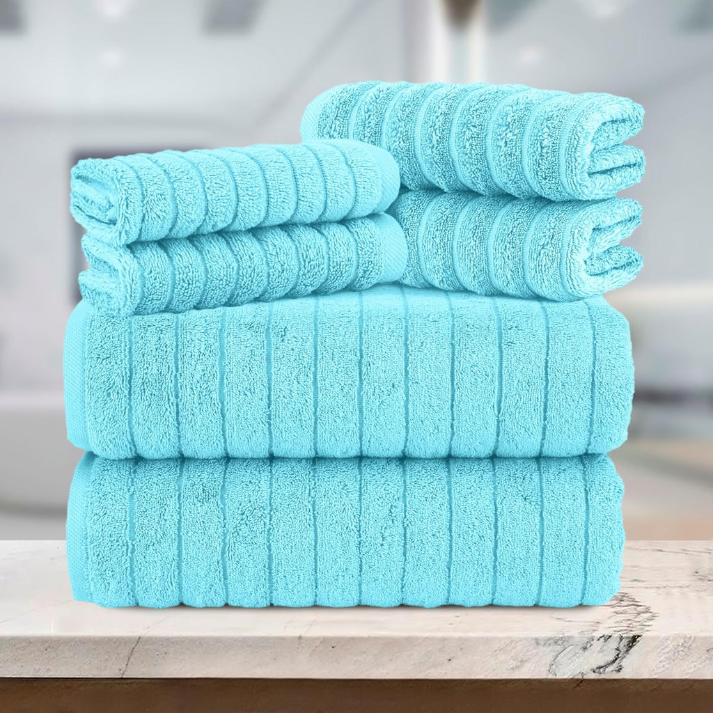 Elegant Comfort 100% Turkish Cotton Corduroy Ribbed Luxury Bath Towels 6-Piece Set, Premium - Quick Dry, Highly Absorbent, Contains 2 Bath, Hand, Washcloths, Aqua (Pack of 4)