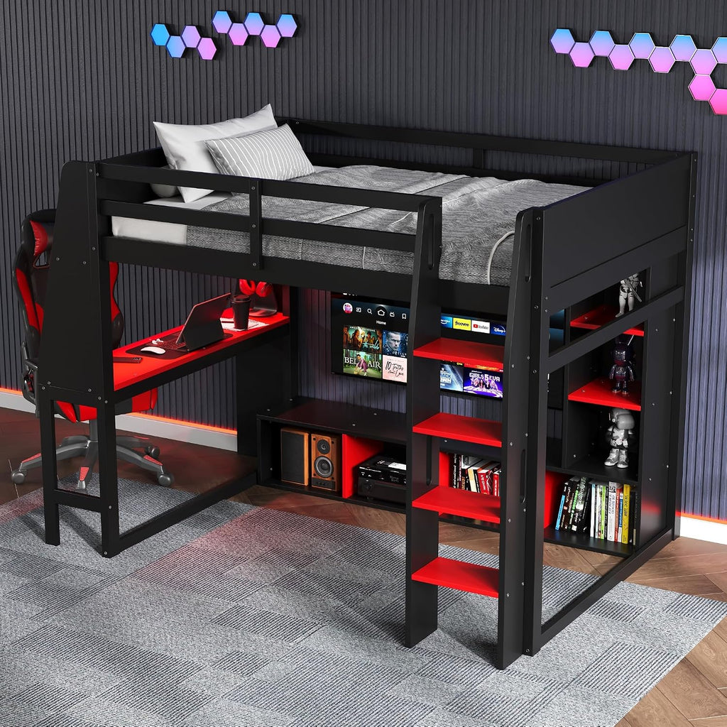 SOFTSEA Twin Size Gaming Loft Bed with Desk, Solid Wood Loft Bed with Wardrobe and Storage Shelves, Gaming Loft Bed Frame with LED Lights for Kids Teens Adults, Black & Red