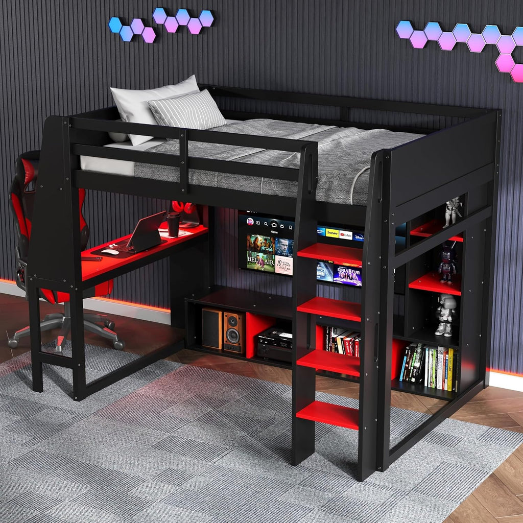 MERITLINE Full Gaming Loft Bed with Desk and Storage,TV Stand & LED RGB, Solid Wood Gaming Bed with Storage Shelves,TV Cabinet and Clothes Rack, for Adults Teens
