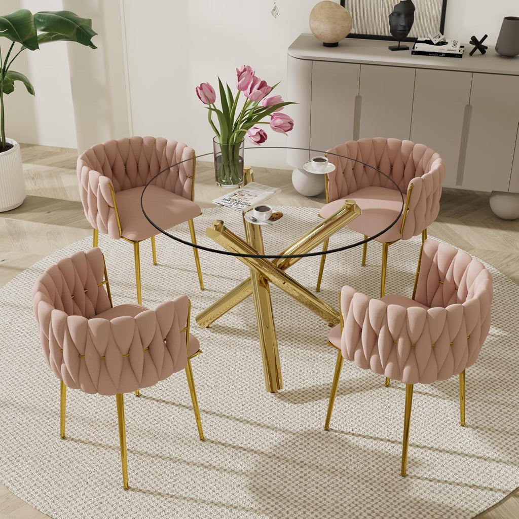 Gold Glass Round Dining Table Set for 4, 39'' Clear Dinner Table Set, 5 PCS Modern Circle Kitchen Table and Pink Woven Chairs Set, Luxury Circular Dinette Set, for Small Apartment Home