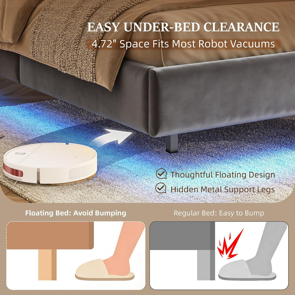 Homkdom Floating Bed Frame Queen with LED Lights & Charging Station, Upholstered Platform Bed with Velvet Storage Headboard, Heavy Duty Metal Slats,No Box Spring Needed,Noise Free,Easy Assembly, Grey