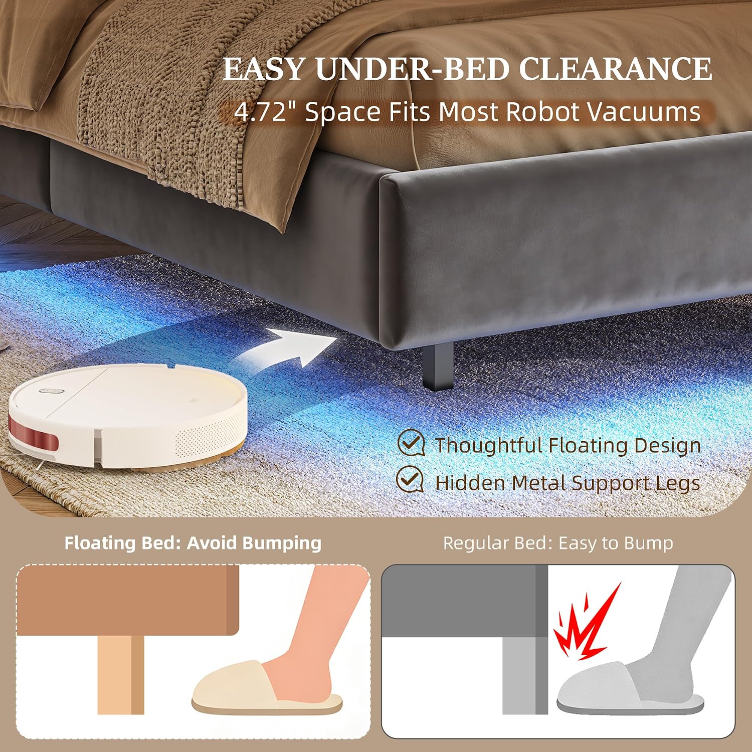 Homkdom Floating Bed Frame Queen with LED Lights & Charging Station, Upholstered Platform Bed with Velvet Storage Headboard, Heavy Duty Metal Slats,No Box Spring Needed,Noise Free,Easy Assembly, Grey