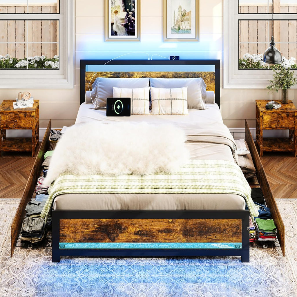 Ailisite Full Size Bed Frame with Storage and 4 Drawers, Rustic Bed Frame Full Size with Headboard and Charging Station and Led Lights, Wood Platform Bed Frame No Box Spring Needed, Noise Free, Brown