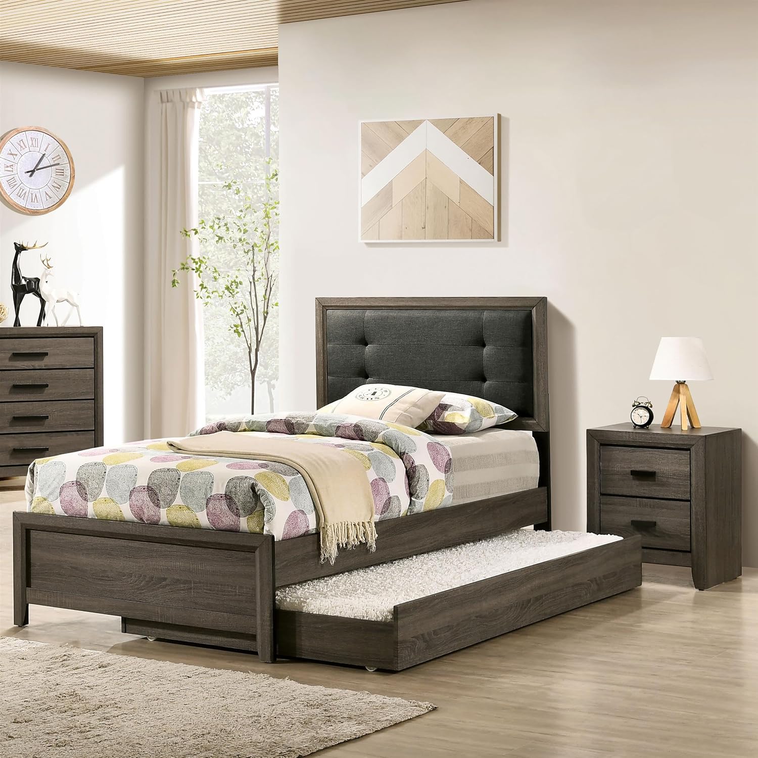 Furniture of America FOA Livorn 3-Piece Gray Wood Bedroom Set - Twin + Nightstand + Trundle