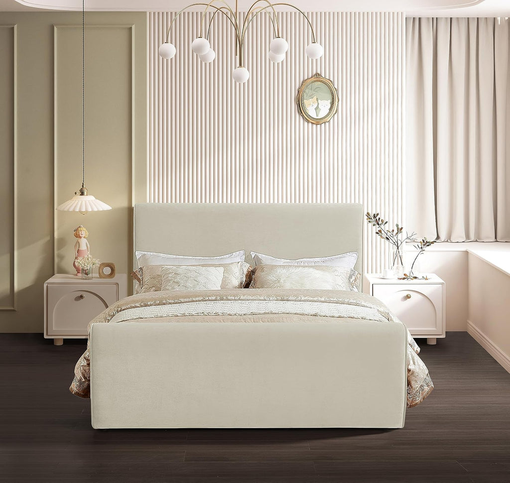 Meridian Furniture SloanCream-F Sloan Collection Modern | Contemporary Velvet Upholstered Full Bed with Rich Soft Cream Velvet, Curved Headboard and Footboard, 59.5' W x 92' D x 45' H, Cream, Full