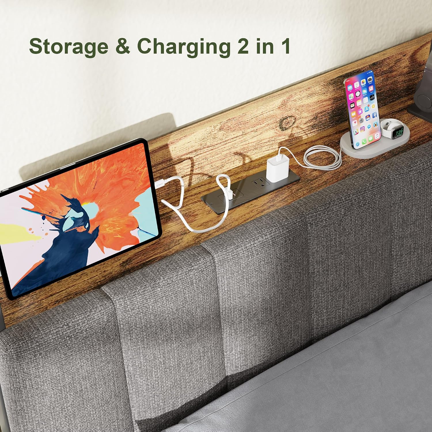 Feonase Twin Bed Frame, 14.5 Inch Metal Platform Bed with 1 Hidden Storage Shelf, Ergonomic Upholstered Headboard with Outlets, Easy Assembly, No Box Spring Needed