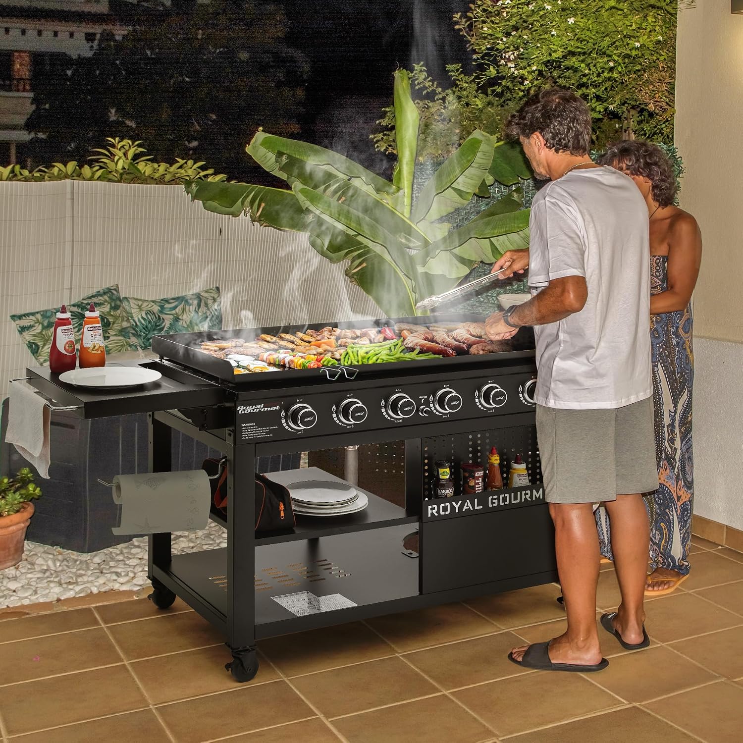 6-Burner Propane Gas Grill Griddle with Foldable Side Tables, 44-Inch Flat Top Grill with Double-Layer Bottom, Ideal for Outdoor Cooking, Black, GB6000-SC