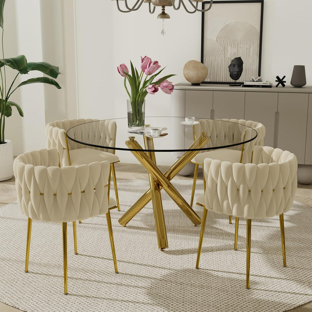 Modern Luxury Round Glass Dining Table Set, 5 PCS Minimalist Circle Dining Room Table Set for 4, 47'' Clear Circular Kitchen Table and Chairs Set of 4, Beige Woven Chair, for Home (Golden)