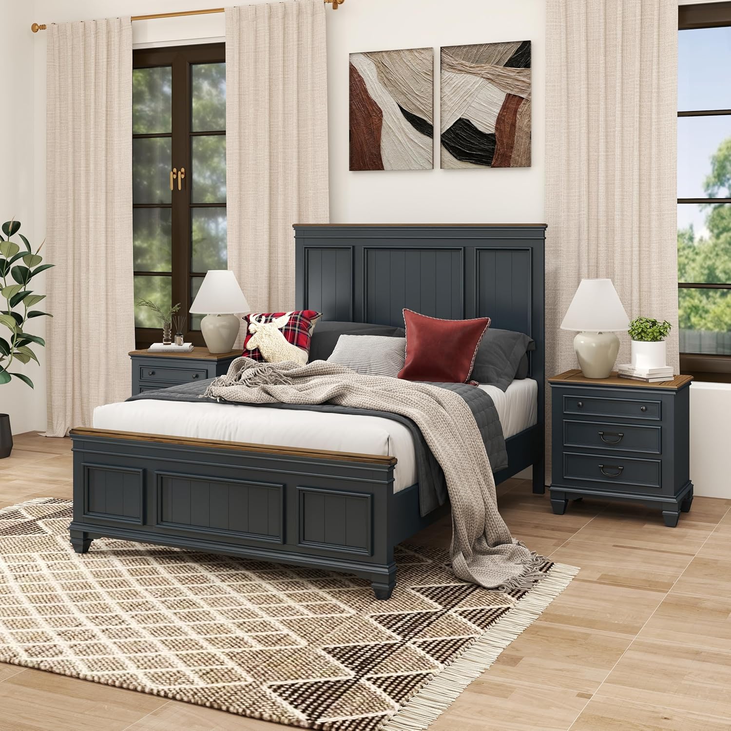 Roundhill Furniture Riverton Wood Bedroom Set with Shiplap Panel Queen Bed, Dresser, Mirror, and Two Nightstands in Slate Blue