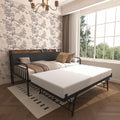 Daybed with Trundle, Sturdy Metal Twin Size Bed Frame with Upholstered Headboard & Charging Station and LED Light for Living Room, Bedroom and Guest Room (Black Brown, Twin)