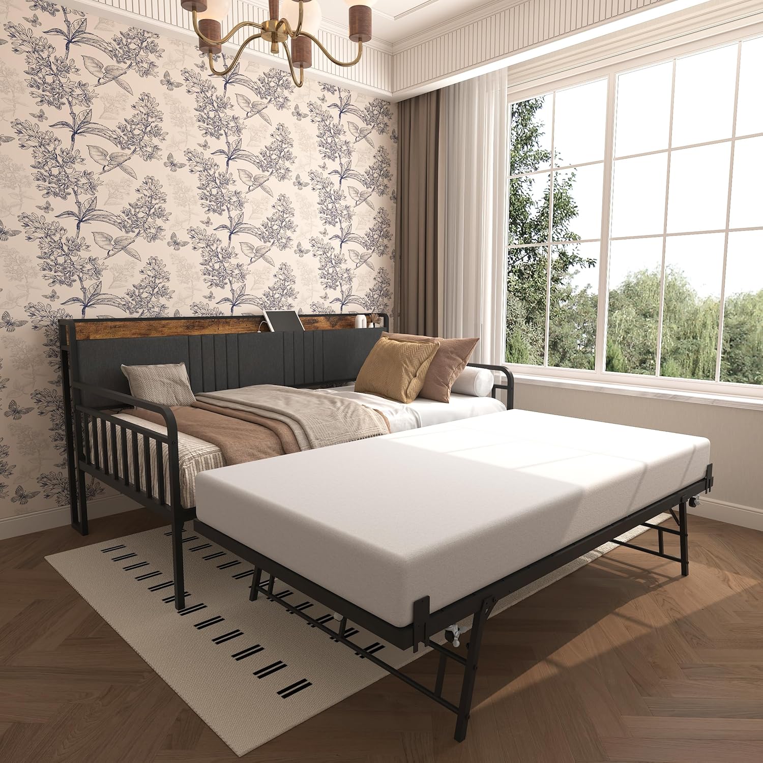 Daybed with Trundle, Sturdy Metal Twin Size Bed Frame with Upholstered Headboard & Charging Station and LED Light for Living Room, Bedroom and Guest Room (Black Brown, Twin)