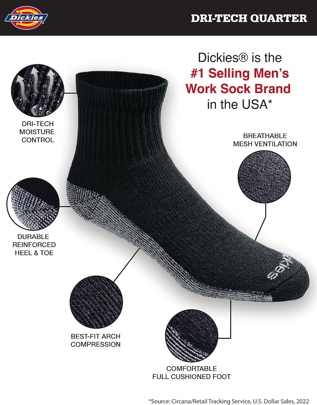 Dickies Men's Dri-Tech Moisture Control Quarter Socks, Available in M-XXL (6, 12, 18 Pairs)